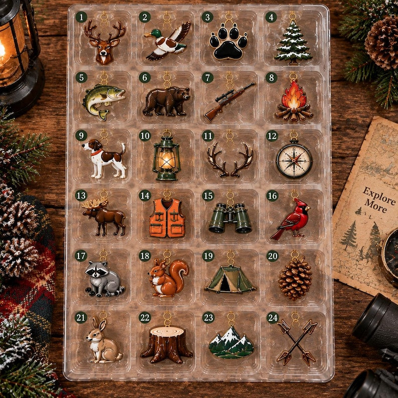 Hunting Advent Calendar 2026, Christmas Countdown Box, 24 Outdoor Hunting Charms, Personalized Hunter Holiday Keepsake