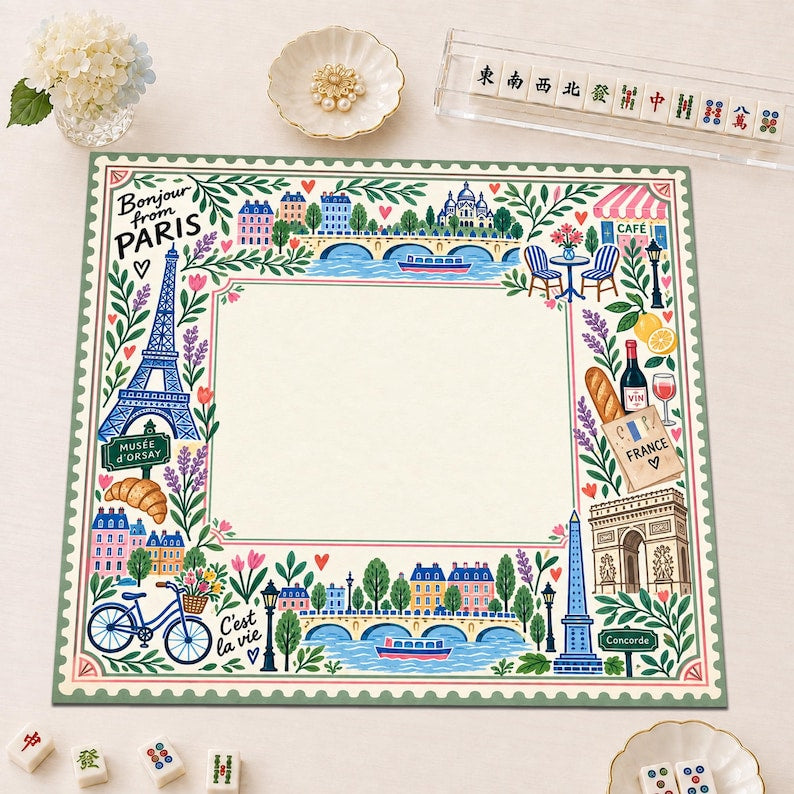 Paris Eiffel Tower Mahjong Mat, Bonjour French Café Travel Game Night Gift, France Lover Mahjong Gift
