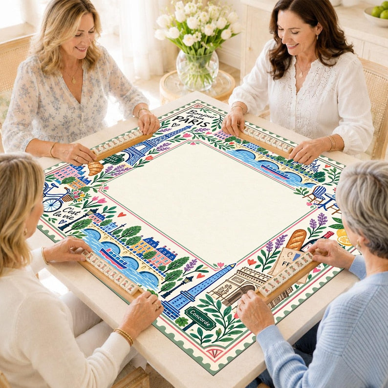 Paris Eiffel Tower Mahjong Mat, Bonjour French Café Travel Game Night Gift, France Lover Mahjong Gift