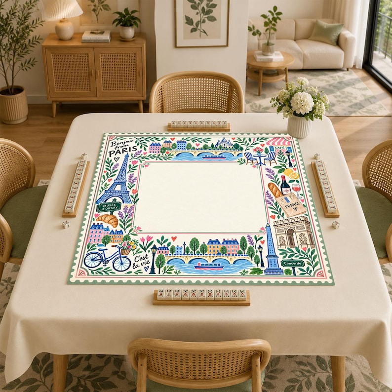 Paris Eiffel Tower Mahjong Mat, Bonjour French Café Travel Game Night Gift, France Lover Mahjong Gift