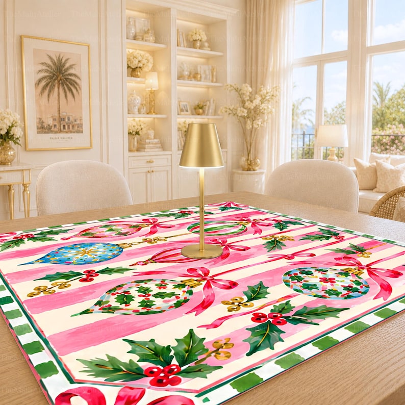 Pink Christmas Ornament Mahjong Mat, Striped Bauble American Mahjong Game Mat, Preppy Bow Holly Holiday Non Slip Cover
