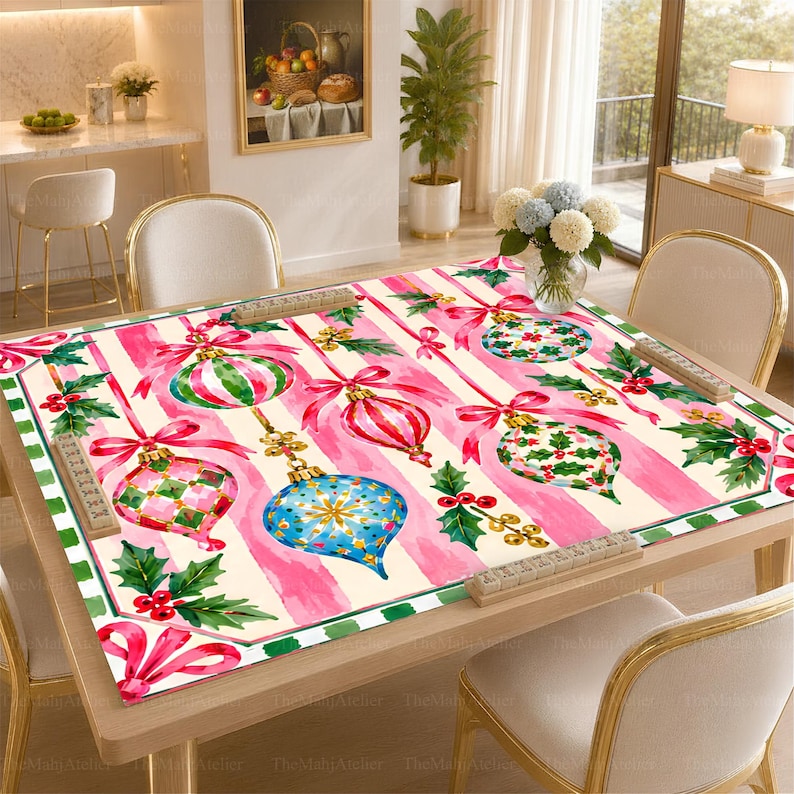 Pink Christmas Ornament Mahjong Mat, Striped Bauble American Mahjong Game Mat, Preppy Bow Holly Holiday Non Slip Cover
