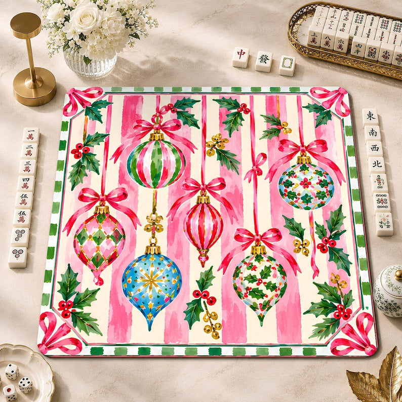 Pink Christmas Ornament Mahjong Mat, Striped Bauble American Mahjong Game Mat, Preppy Bow Holly Holiday Non Slip Cover