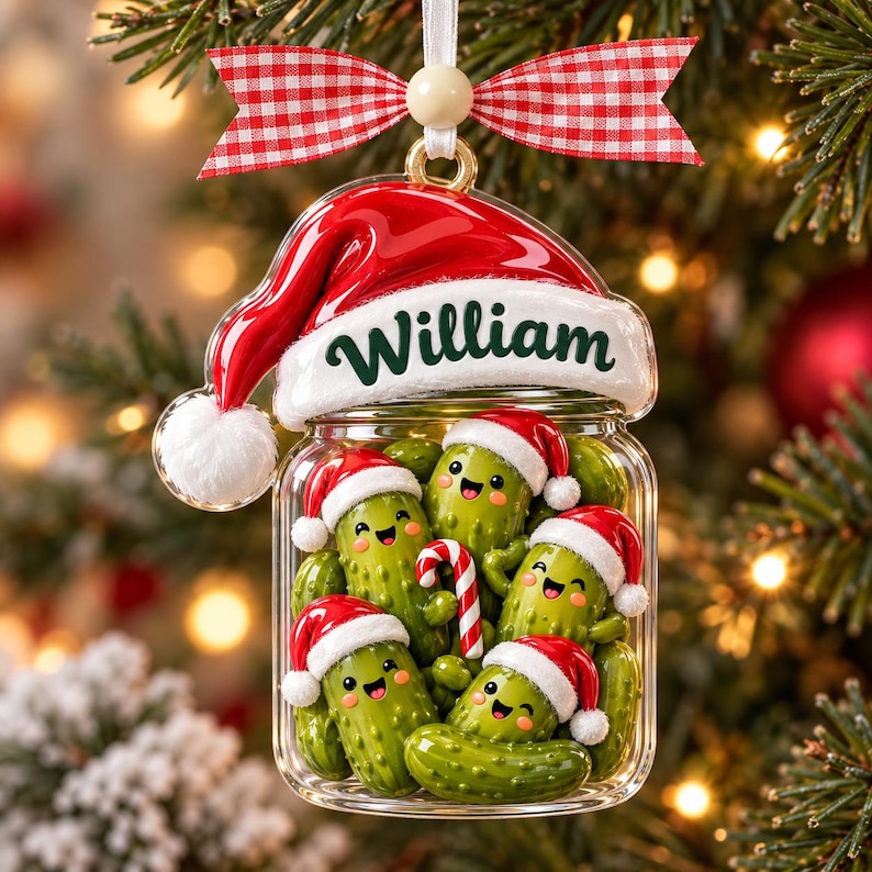 Personalized Cucumber Santa Hat Christmas Acrylic Ornament, Pickle Jar Xmas Ornament, Funny Xmas Tree Decor