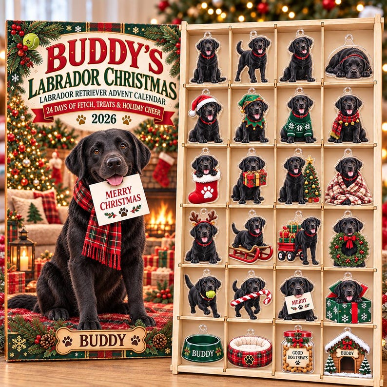 Personalized Labrador Retriever Advent Calendar 2026, 24 Wood or Acrylic Charms, Black Lab Christmas Gift, Custom Pet Name