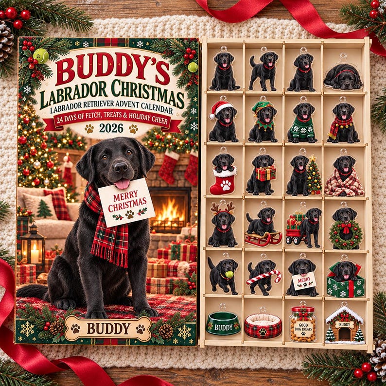 Personalized Labrador Retriever Advent Calendar 2026, 24 Wood or Acrylic Charms, Black Lab Christmas Gift, Custom Pet Name