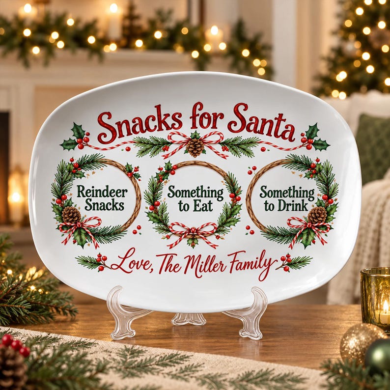 Personalized Christmas Platter, Santa Treat Tray with Custom Family Name