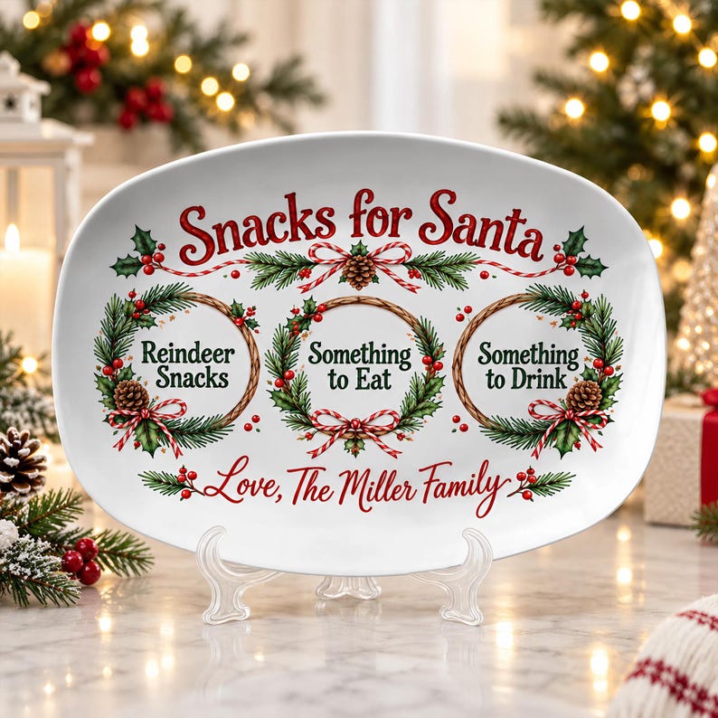Personalized Christmas Platter, Santa Treat Tray with Custom Family Name