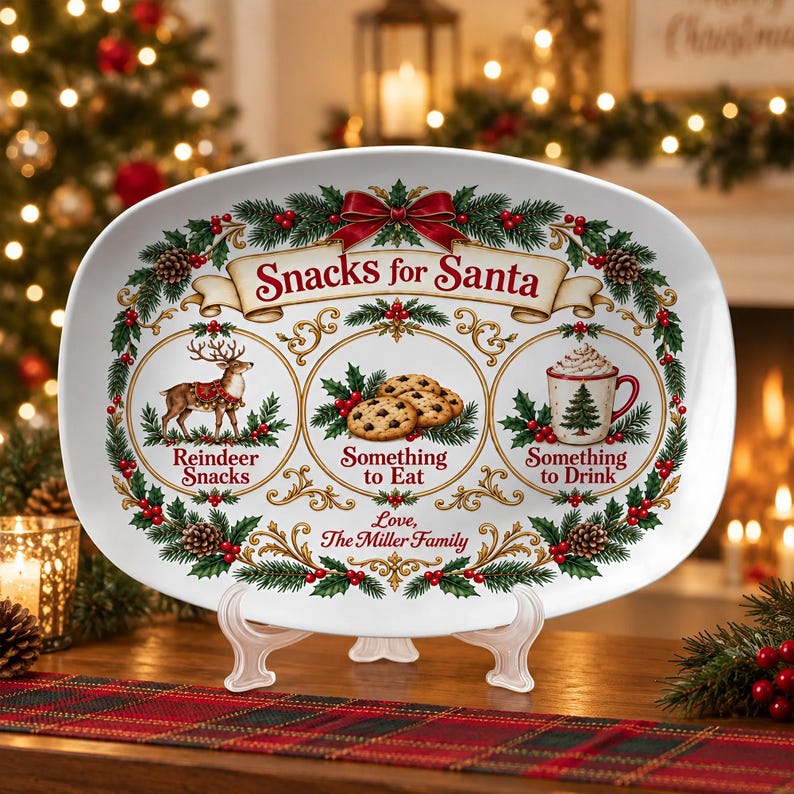 Personalized Christmas Platter, Santa Treat Tray with Custom Family Name