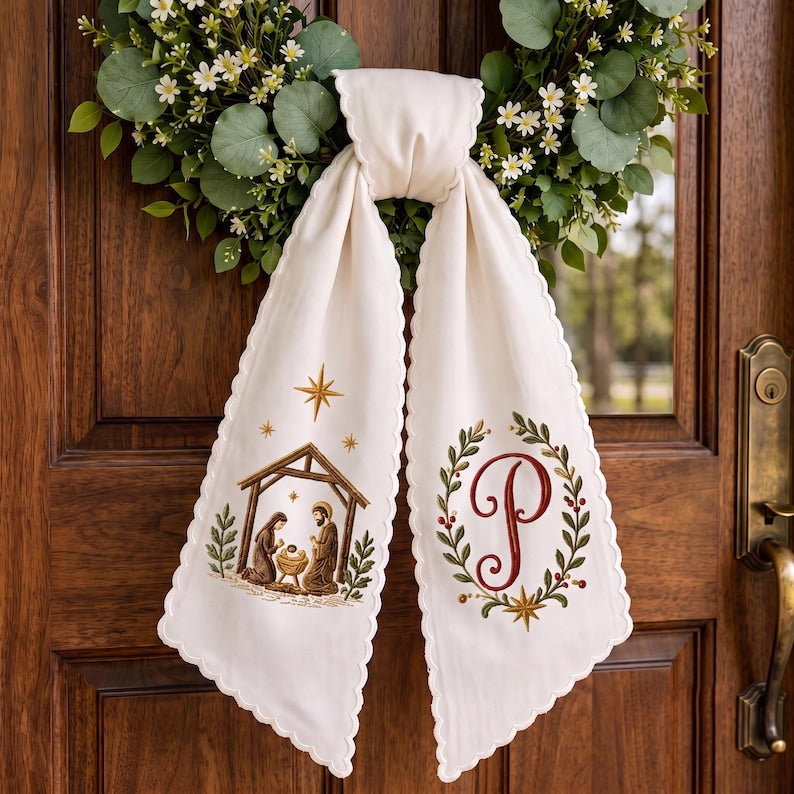 Personalized Embroidered Nativity Wreath Sash, Nativity Monogram Wreath Bow, Christmas Front Door Decor Gift