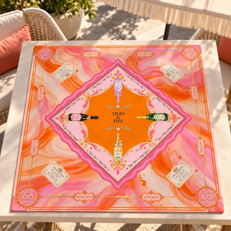 Tiles & Fizz Champagne Mahjong Mat, Preppy Pink Orange Instructional Game Mat, Non Slip American Mahjong Table Cover