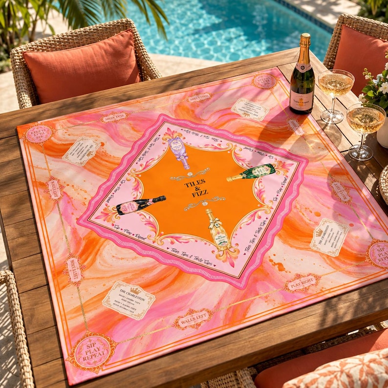 Tiles & Fizz Champagne Mahjong Mat, Preppy Pink Orange Instructional Game Mat, Non Slip American Mahjong Table Cover