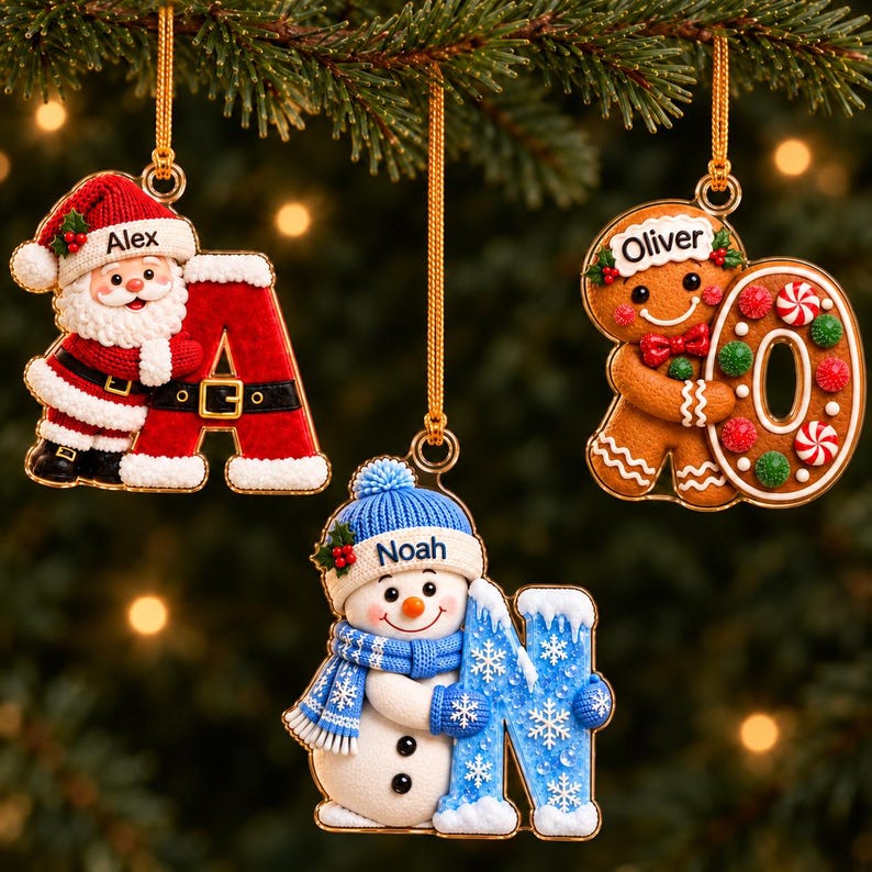 Personalized First Letter Ornament 2026, Snowman Christmas Initial Ornament, Santa Reindeer Gingerbread with Name and Letter Ornament