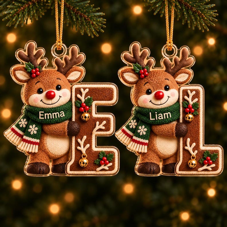 Personalized First Letter Ornament 2026, Snowman Christmas Initial Ornament, Santa Reindeer Gingerbread with Name and Letter Ornament