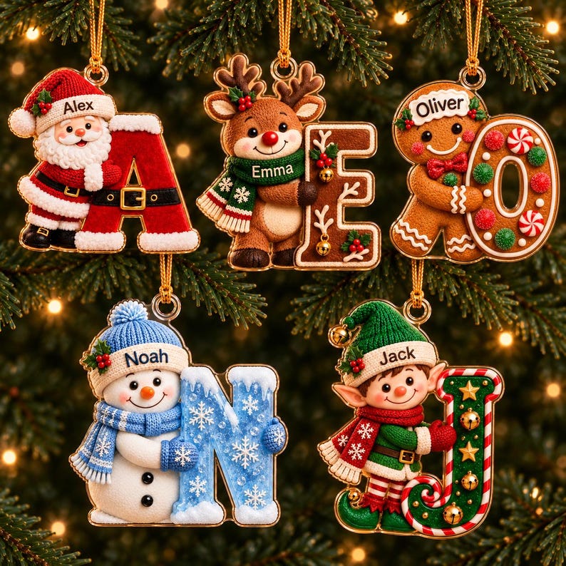 Personalized First Letter Ornament 2026, Snowman Christmas Initial Ornament, Santa Reindeer Gingerbread with Name and Letter Ornament