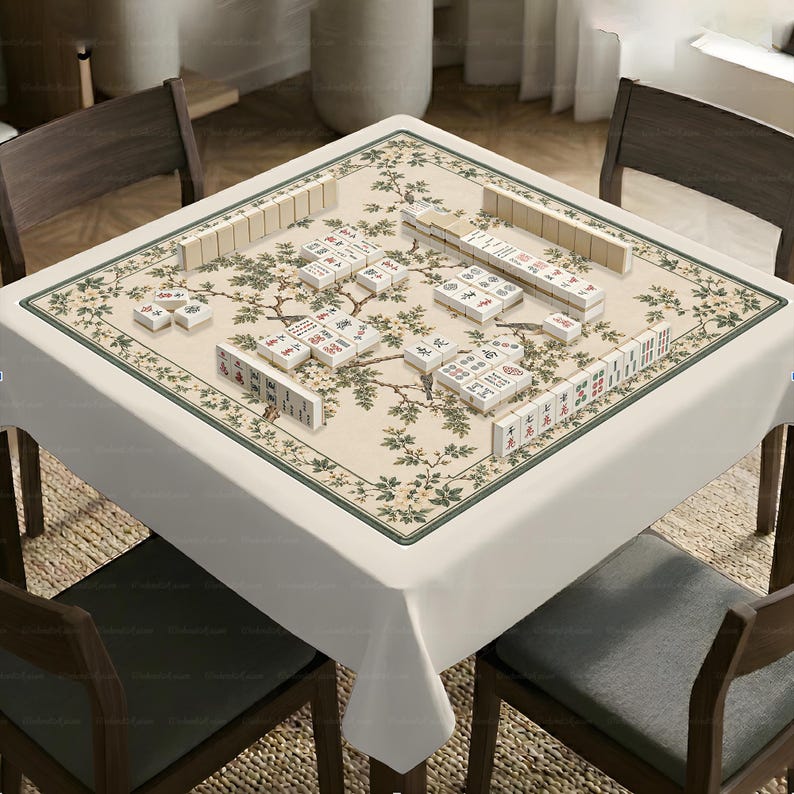 Vintage Bird Mahjong Mat, Sage Green Botanical Game Night Gift, American Mahjong Gift