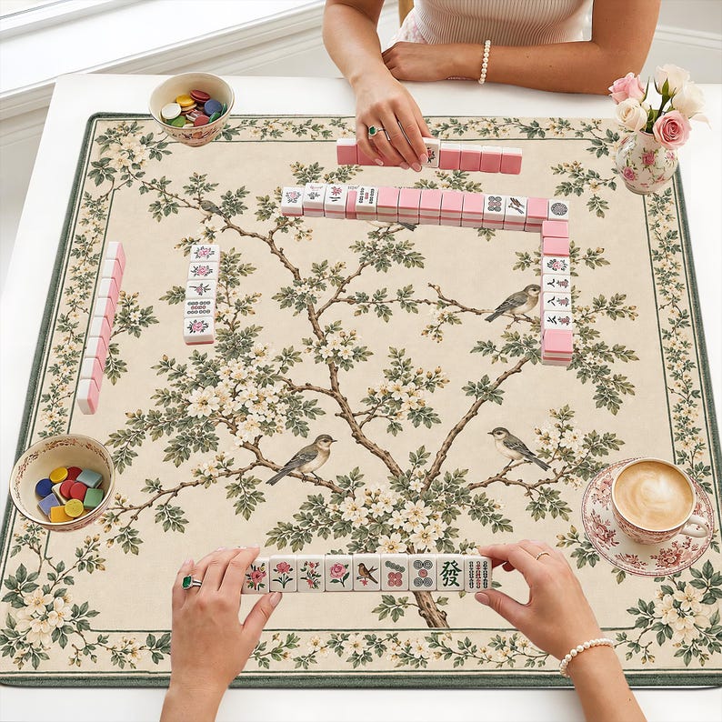 Vintage Bird Mahjong Mat, Sage Green Botanical Game Night Gift, American Mahjong Gift