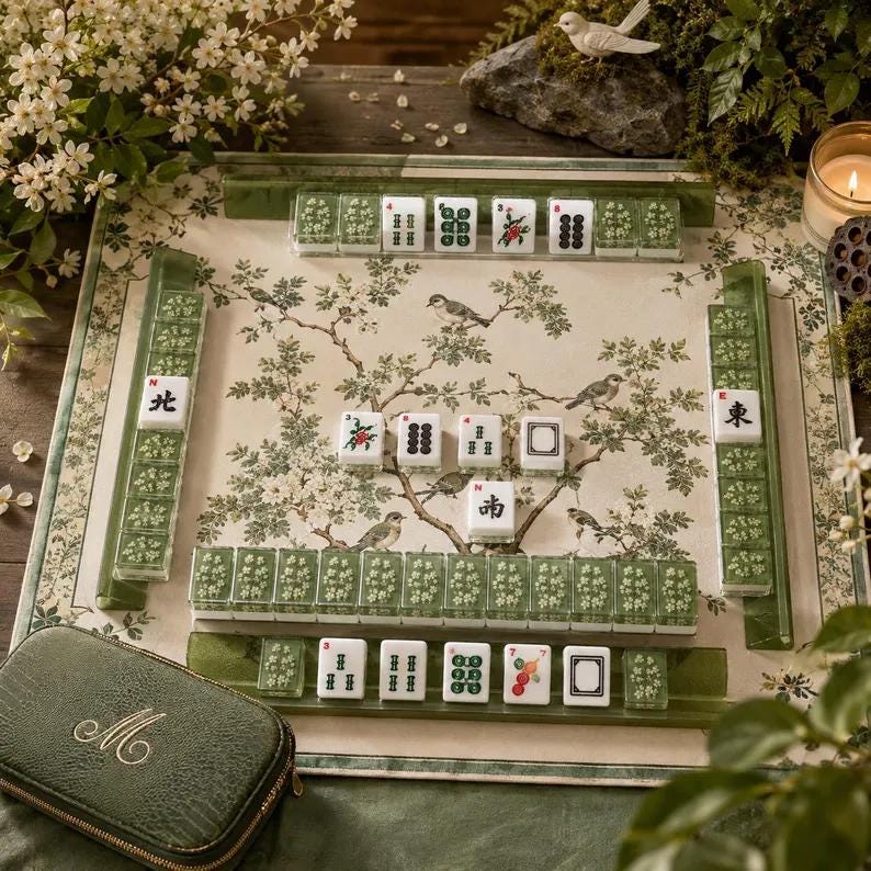 Vintage Bird Mahjong Mat, Sage Green Botanical Game Night Gift, American Mahjong Gift