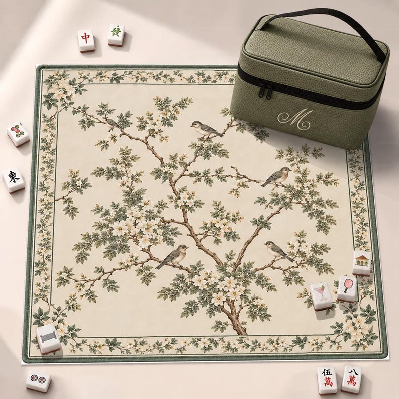 Vintage Bird Mahjong Mat, Sage Green Botanical Game Night Gift, American Mahjong Gift
