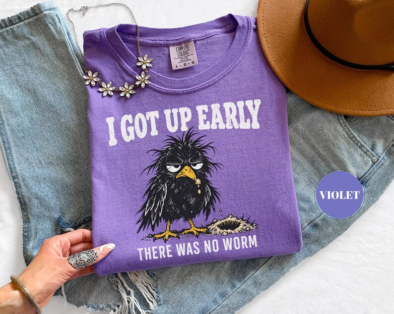 I Got Up Early There Was No Worm T-Shirt, Funny Grumpy Crow Tee, Sarcastic Bird Humor, Comfort Colors Unisex Top