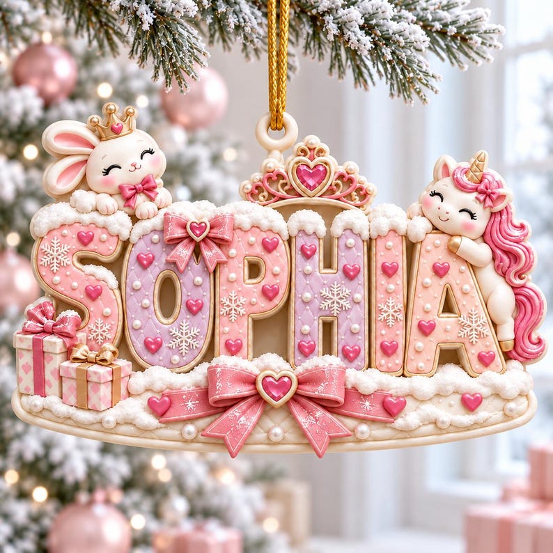 Personalized Princess Christmas Ornament, Custom Girl Name Ornament, Pink Unicorn Bunny Keepsake Gift
