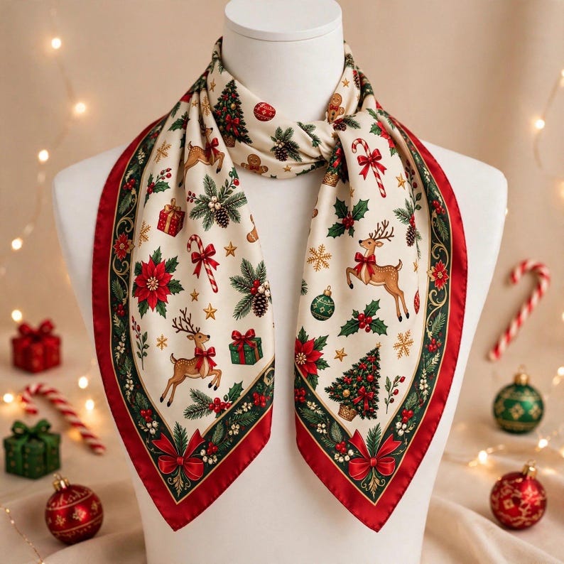 Vintage Christmas Scarf, Red Satin Bandana, Reindeer & Holly, Retro Holiday Hair Wrap, Festive Neck Kerchief, Christmas Gift