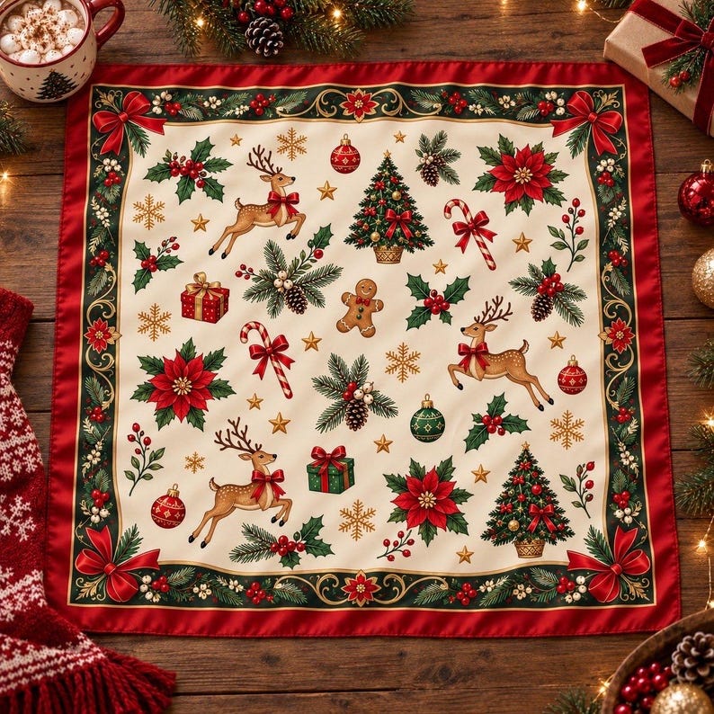 Vintage Christmas Scarf, Red Satin Bandana, Reindeer & Holly, Retro Holiday Hair Wrap, Festive Neck Kerchief, Christmas Gift