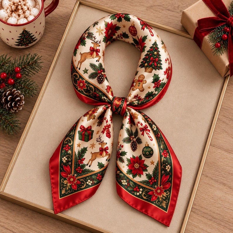 Vintage Christmas Scarf, Red Satin Bandana, Reindeer & Holly, Retro Holiday Hair Wrap, Festive Neck Kerchief, Christmas Gift