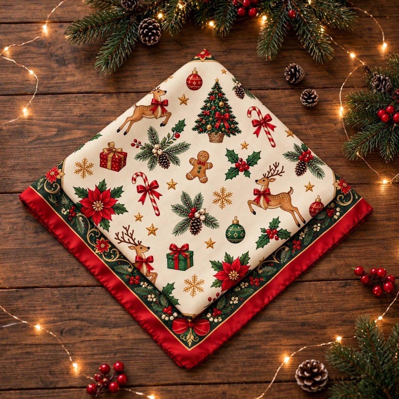 Vintage Christmas Scarf, Red Satin Bandana, Reindeer & Holly, Retro Holiday Hair Wrap, Festive Neck Kerchief, Christmas Gift