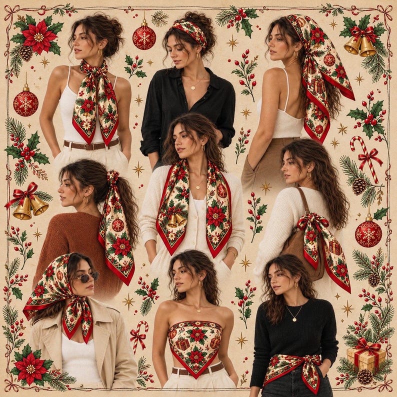 Vintage Christmas Scarf, Red Silk Feel Holiday Bandana with Poinsettia & Holly, Retro Christmas Hair Wrap, Festive Neck Scarf Gift
