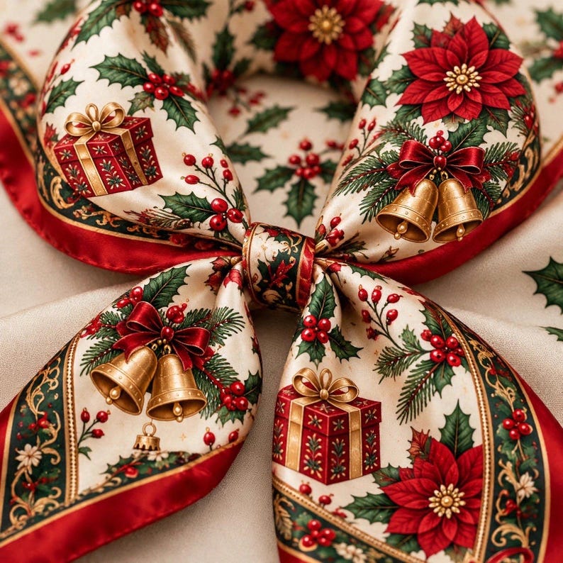 Vintage Christmas Scarf, Red Silk Feel Holiday Bandana with Poinsettia & Holly, Retro Christmas Hair Wrap, Festive Neck Scarf Gift