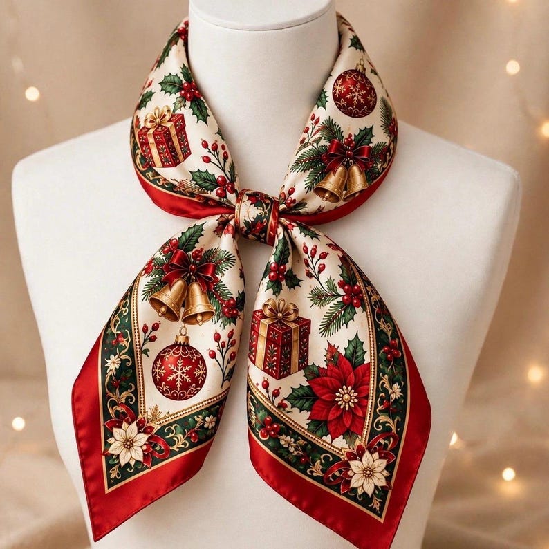 Vintage Christmas Scarf, Red Silk Feel Holiday Bandana with Poinsettia & Holly, Retro Christmas Hair Wrap, Festive Neck Scarf Gift