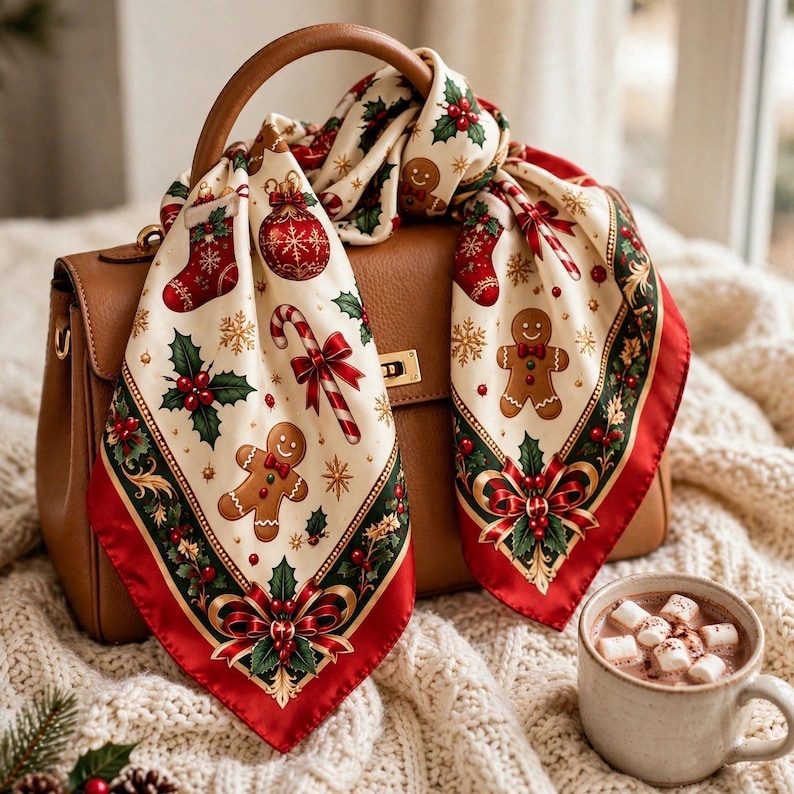 Vintage Christmas Scarf, Red Satin Bandana, Gingerbread Hair Wrap, Retro Holiday Neck Scarf, Festive Holly Candy Cane Kerchief