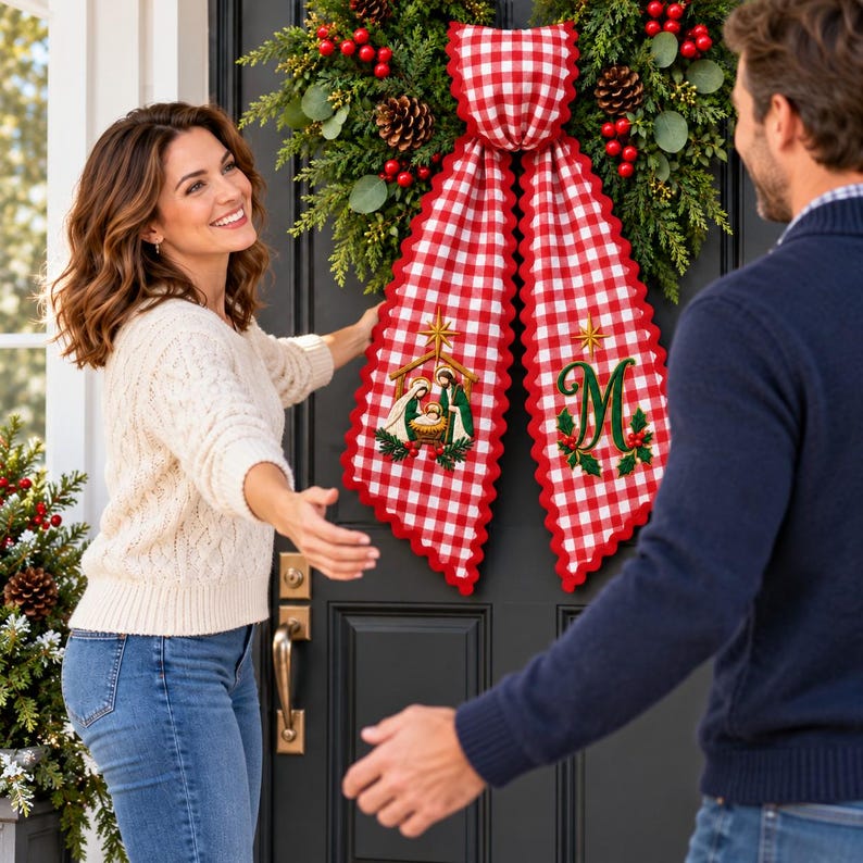 Personalized Christian Christmas Wreath Sash, Religious Wreath Sash With Monogram, Embroidered Front Door Decor