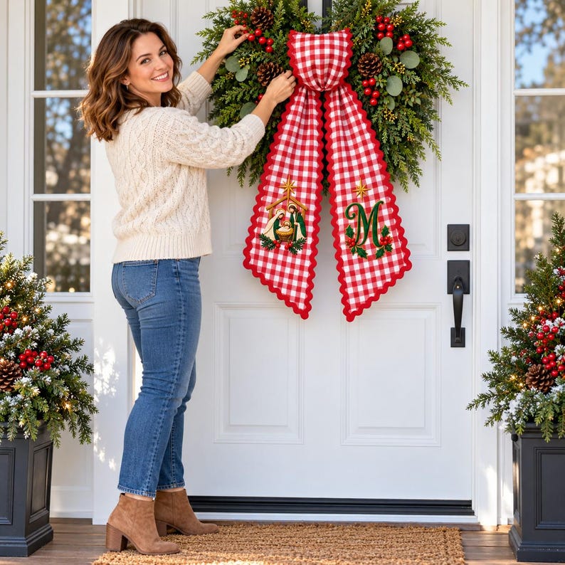 Personalized Christian Christmas Wreath Sash, Religious Wreath Sash With Monogram, Embroidered Front Door Decor