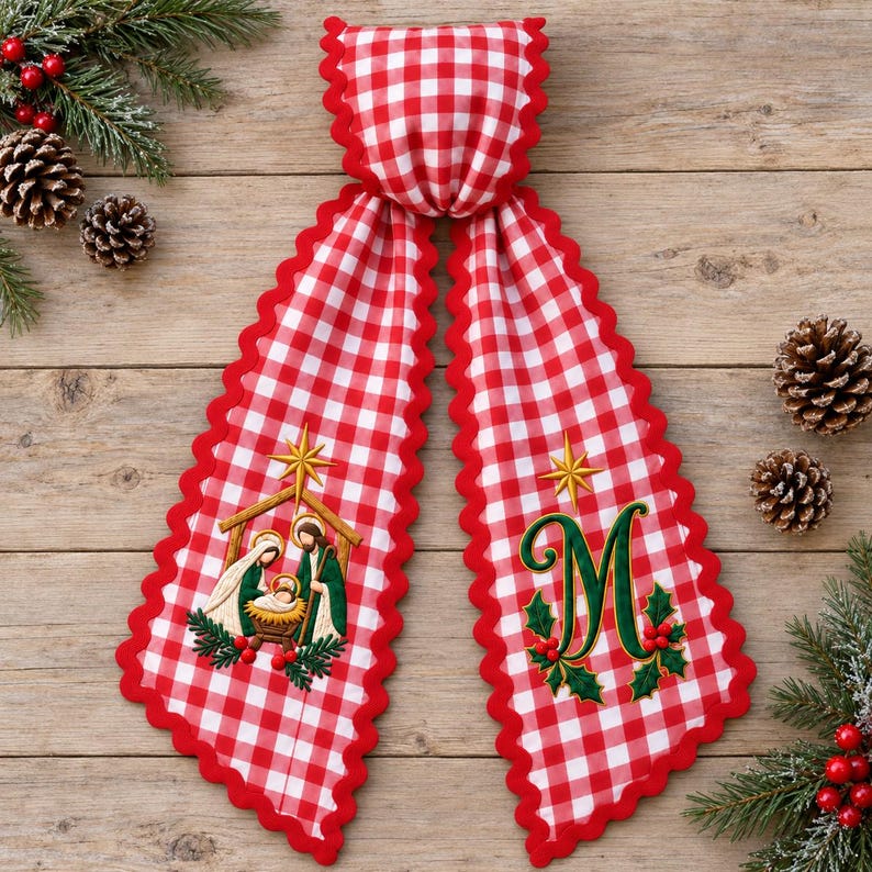 Personalized Christian Christmas Wreath Sash, Religious Wreath Sash With Monogram, Embroidered Front Door Decor