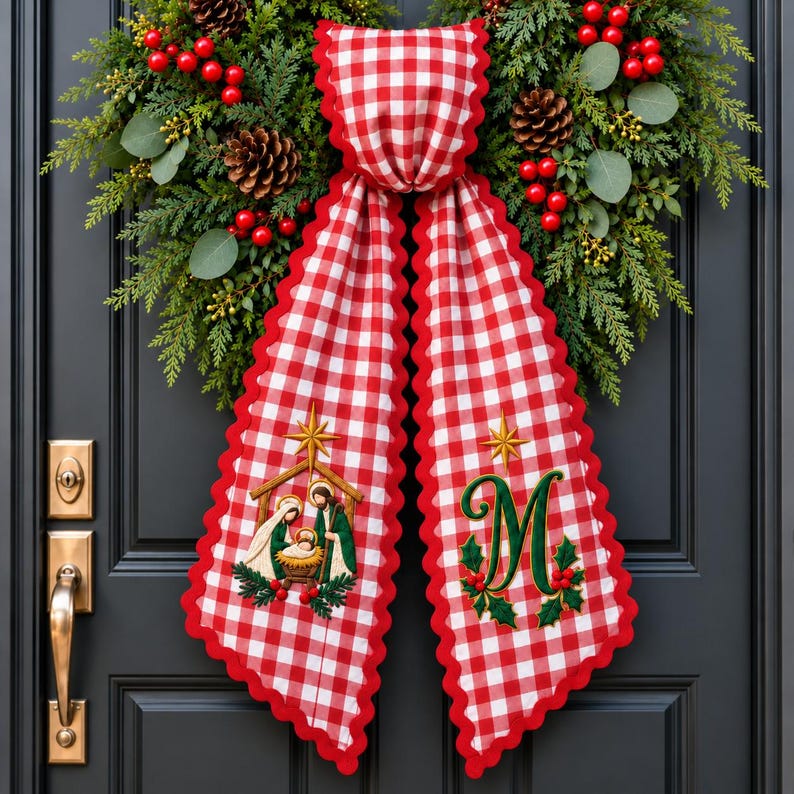 Personalized Christian Christmas Wreath Sash, Religious Wreath Sash With Monogram, Embroidered Front Door Decor