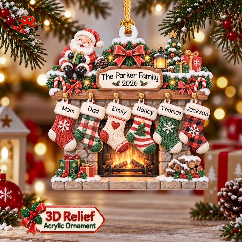 Personalized Family Christmas Ornament 2026, Stockings Christmas 3D Relief Ornament, Family Stocking Ornament With Names