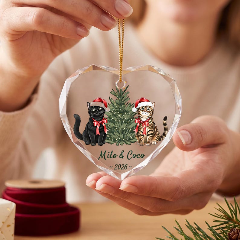 Personalized Cat Christmas Ornament, Custom Cat Couple Glass Ornament with Names, Cat Lover Gift
