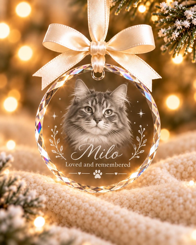 Personalised Pet Memorial Crystal Bauble, Dog Cat Photo Christmas Ornament