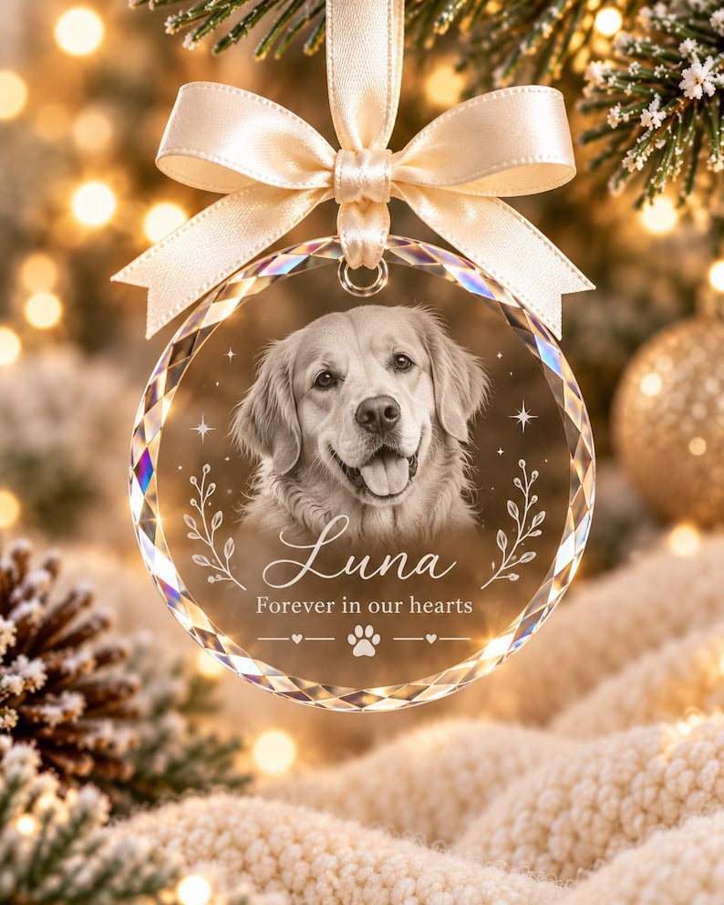 Personalised Pet Memorial Crystal Bauble, Dog Cat Photo Christmas Ornament