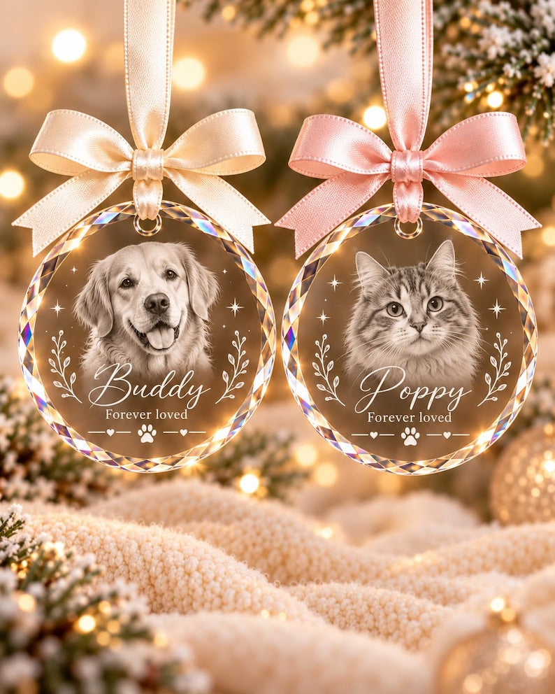 Personalised Pet Memorial Crystal Bauble, Dog Cat Photo Christmas Ornament