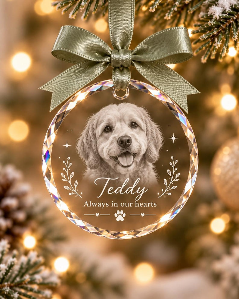 Personalised Pet Memorial Crystal Bauble, Dog Cat Photo Christmas Ornament
