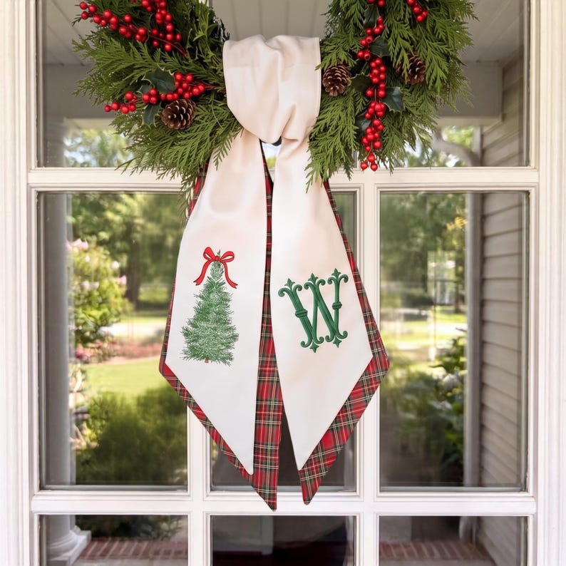 Monogrammed Christmas Wreath Sash, Embroidered Christmas Tree Front Door Sash, Custom Initial Holiday Decor