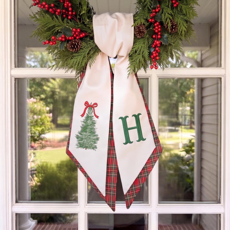 Monogrammed Christmas Wreath Sash, Embroidered Christmas Tree Front Door Sash, Custom Initial Holiday Decor