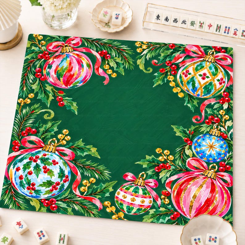 Christmas Ornament Mahjong Mat, Holiday Mahjong Game Mat, Green Festive Mahjong Table Cover