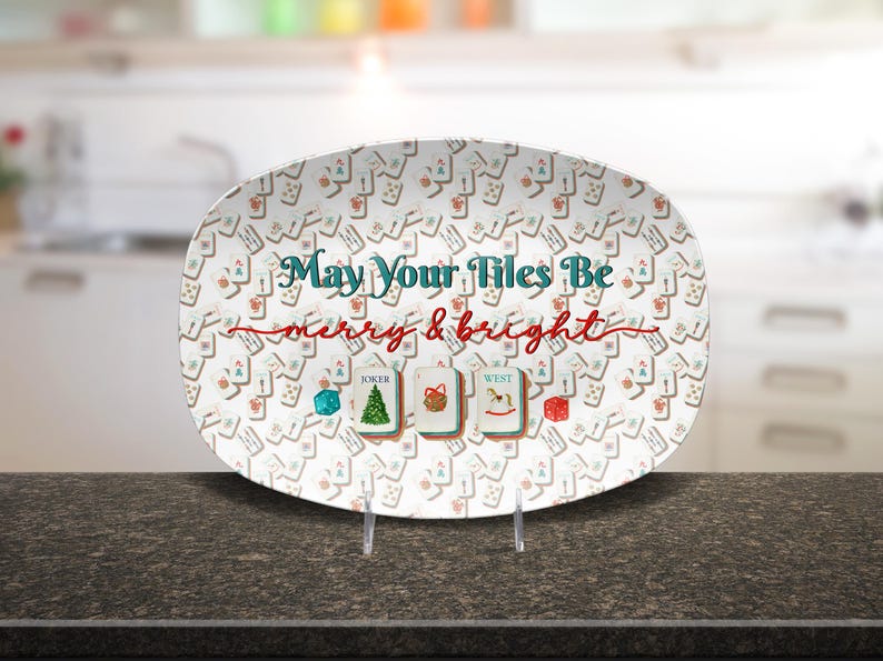 Christmas Mahjong Serving Platter, May Your Tiles Be Merry & Bright Oval Tray, Holiday Game Night Hostess Gift
