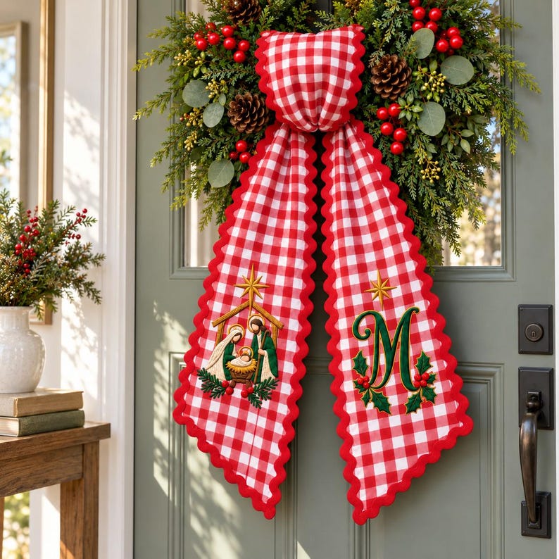 Personalized Christian Christmas Wreath Sash, Religious Wreath Sash With Monogram, Embroidered Front Door Decor