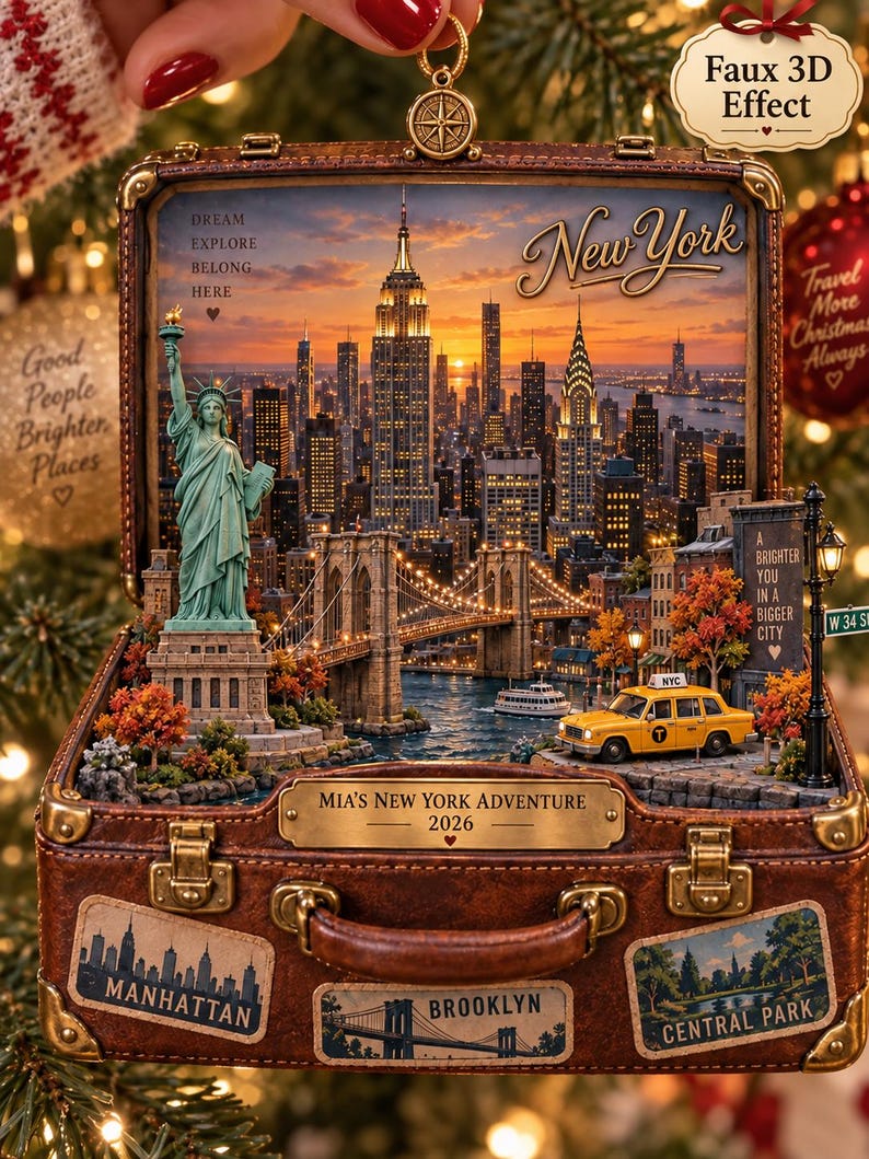 Personalized New York Travel Ornament, Custom Name And Year NYC Suitcase Keepsake, Christmas Gift For Traveler