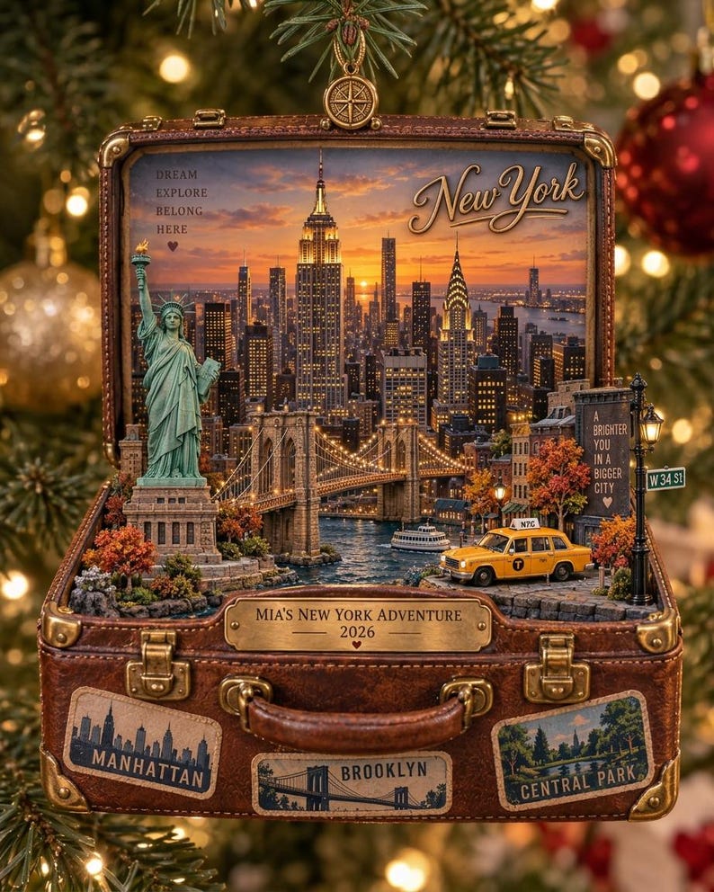 Personalized New York Travel Ornament, Custom Name And Year NYC Suitcase Keepsake, Christmas Gift For Traveler